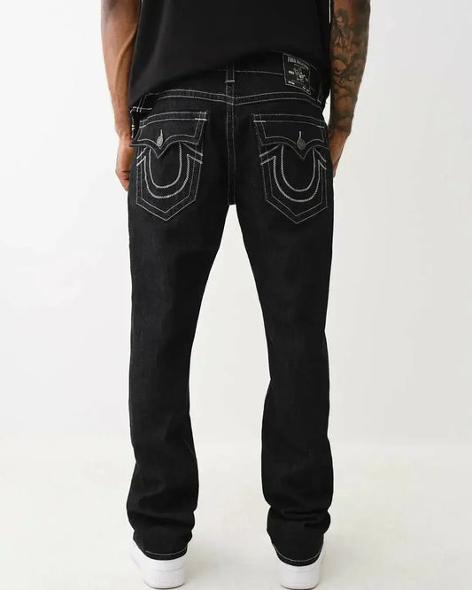 Black pocket jeans featuring unique horseshoe-shaped stitching, perfect for Y2K style