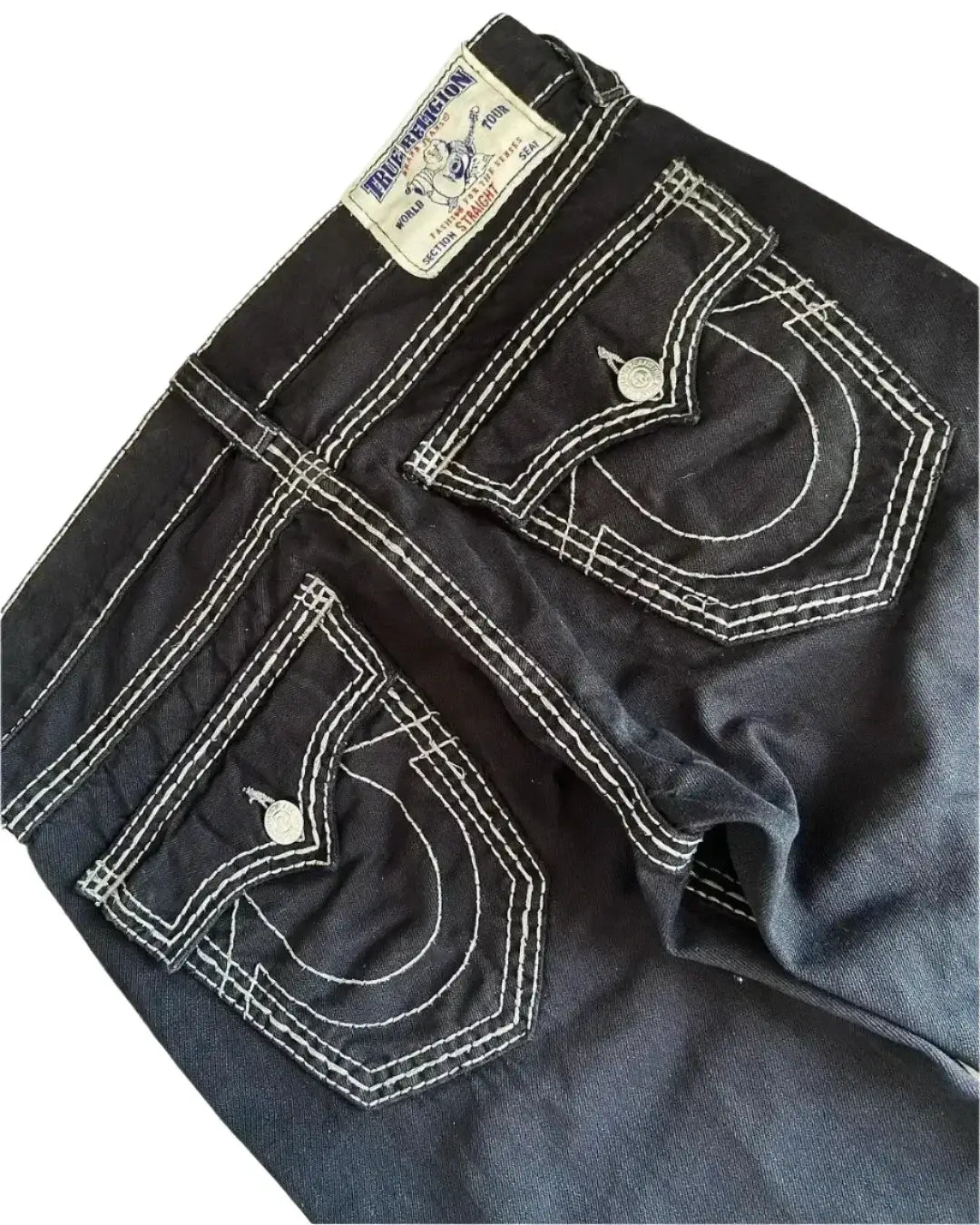 Back Pocket Jeans featuring dark denim, unique white stitching, and horseshoe pockets