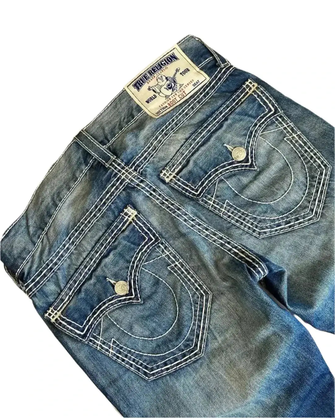 Blue denim pocket jeans featuring distinctive back pockets and a brand label, perfect Y2K style