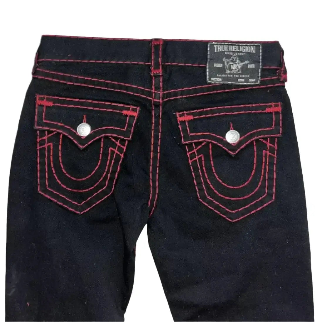 Dark denim pocket jeans with red stitching and horseshoe-shaped design for womens Y2K clothing