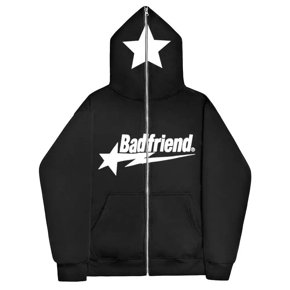 Black zip-up Badfriend Hoodie featuring text and star designs, perfect for Y2K fashion