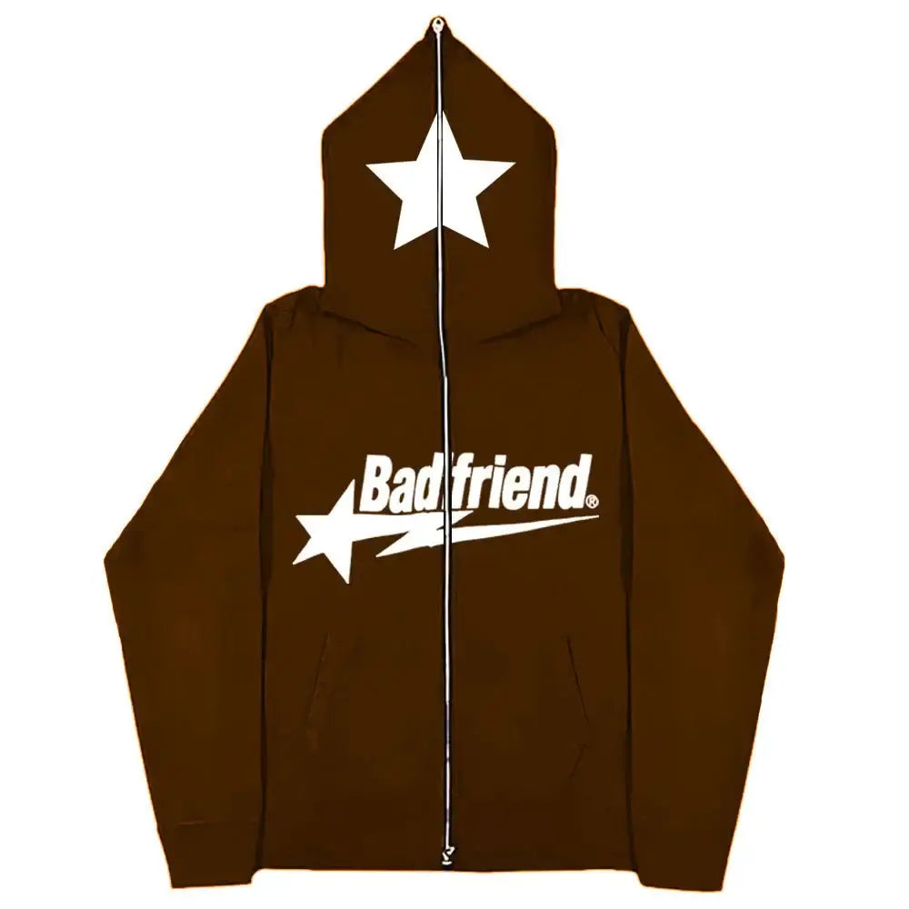 Brown Badfriend Hoodie featuring star designs and trendy y2k fashion text