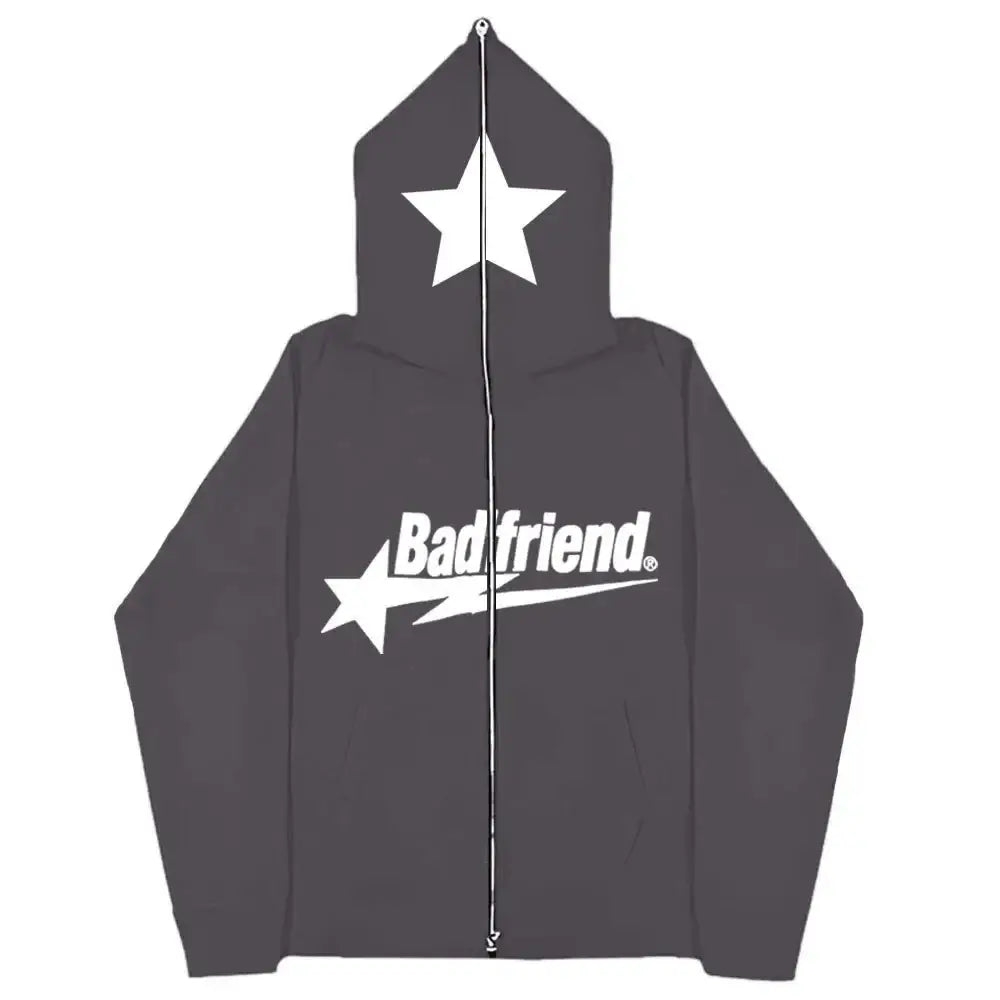 Dark gray Badfriend Hoodie featuring star designs in Y2K fashion style