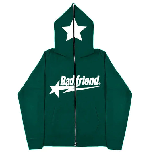 Green Badfriend Hoodie with star designs, perfect for Y2K fashion enthusiasts