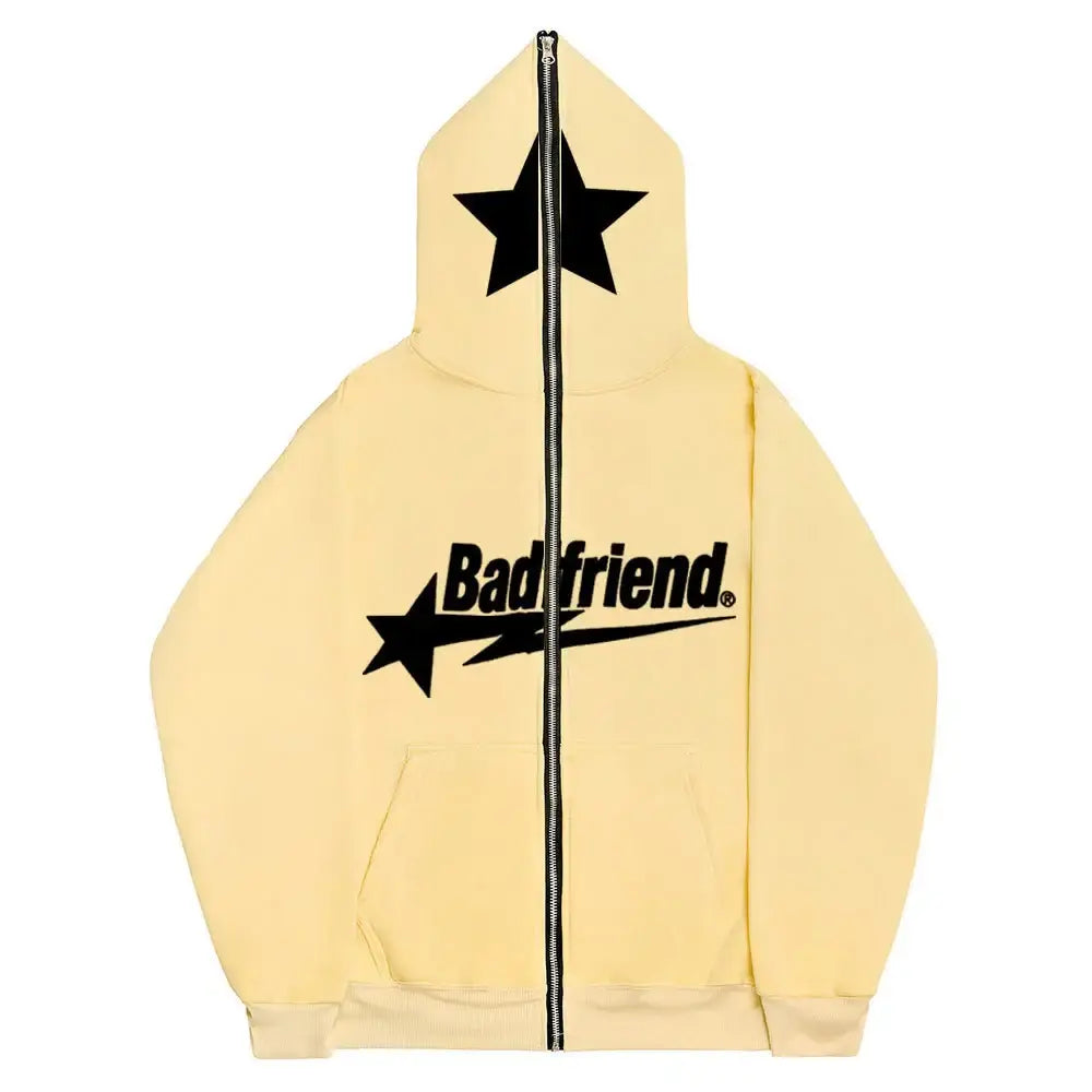 Yellow Badfriend Hoodie featuring star designs, perfect for Y2K fashion enthusiasts