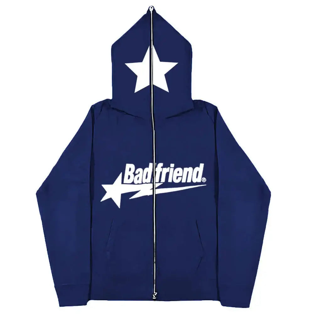 Navy blue Badfriend Hoodie with star designs, perfect for Y2K fashion lovers