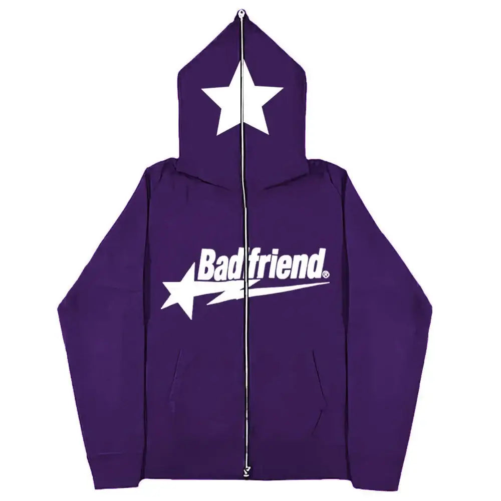 Purple Badfriend Hoodie with star designs, perfect for Y2K fashion enthusiasts