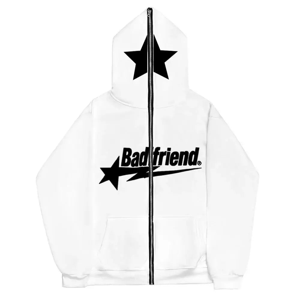 White Badfriend Hoodie featuring black star designs and text, perfect for Y2K fashion