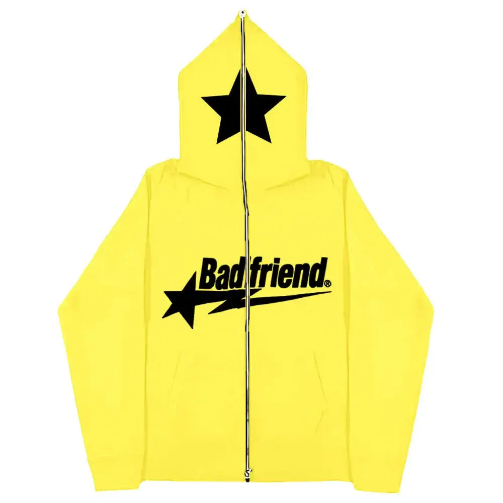 Bright yellow Badfriend Hoodie with star designs, perfect for Y2K fashion lovers