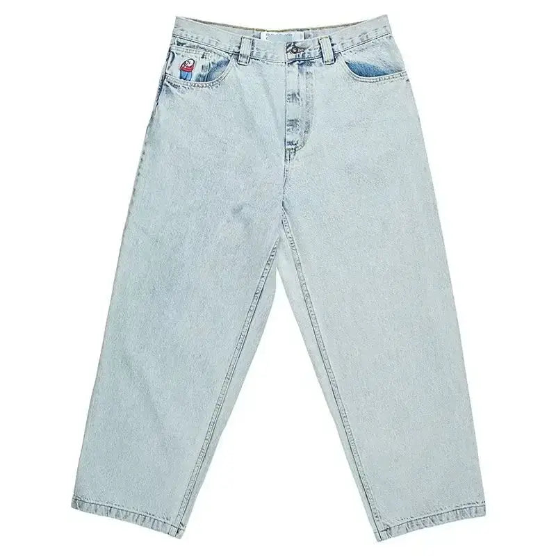 Light blue baggy jeans guys with a relaxed, wide-leg fit perfect for casual style