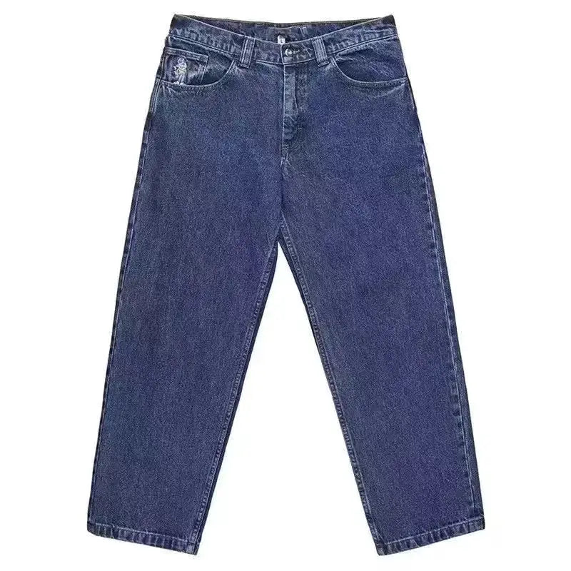 Pair of blue denim baggy jeans guys with a straight-leg cut for a stylish look