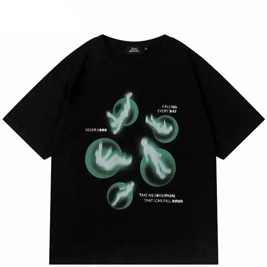 Baggy T Shirt featuring glowing green ghost shapes for a stylish Y2K statement piece