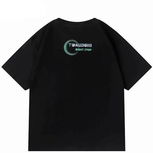 Black baggy T shirt featuring a teal logo design on the back, a stylish Y2K statement piece