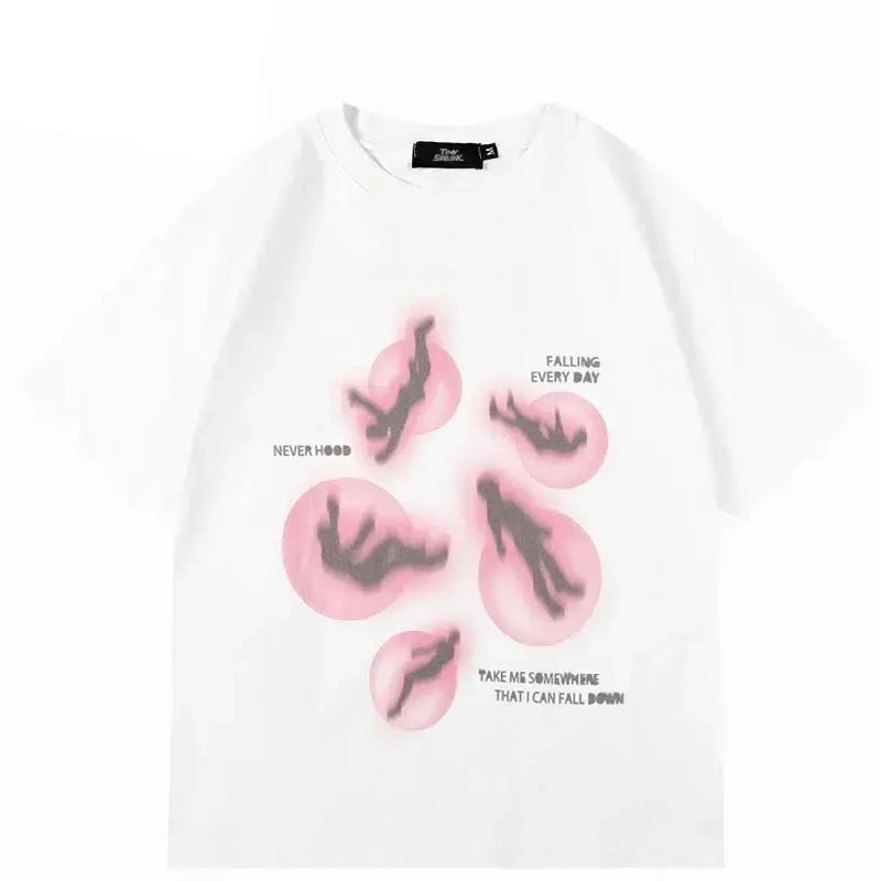 White baggy t shirt with pink abstract shapes, perfect Y2K statement piece