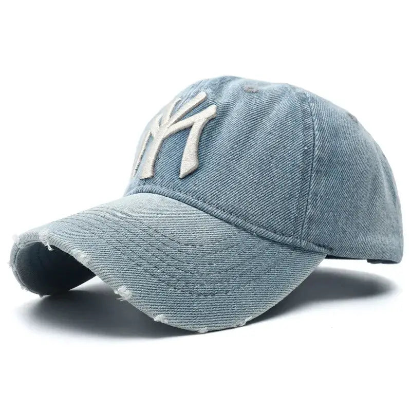 Light blue denim baseball cap with white NY logo perfect for Y2K zone style