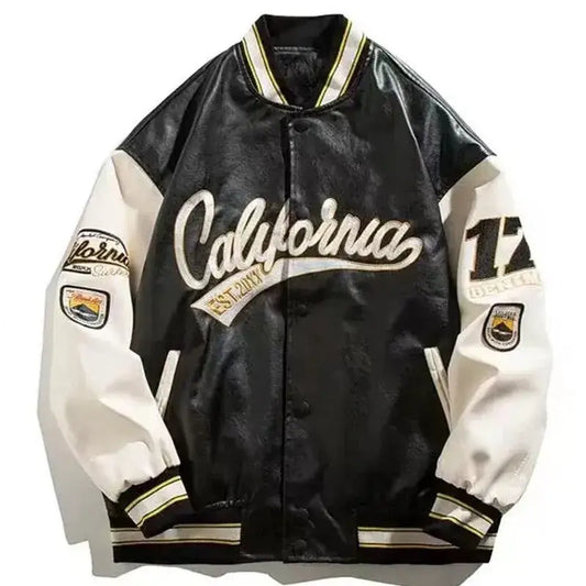 California-themed Baseball Jacket with black body and white sleeves, perfect for Y2K style