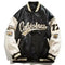 California-themed Baseball Jacket with black body and white sleeves, perfect for Y2K style