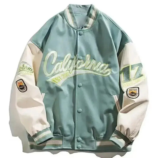 Mint green and white baseball jacket with California embroidery for womens Y2K clothing