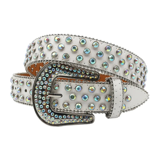 Decorative white leather BB Belt with rhinestones and jeweled buckle, perfect Y2K accessory