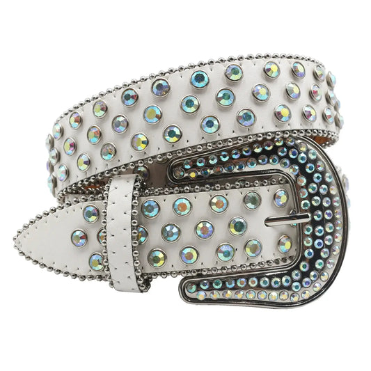 Decorative white leather BB Belt with iridescent rhinestones, perfect Y2K accessory