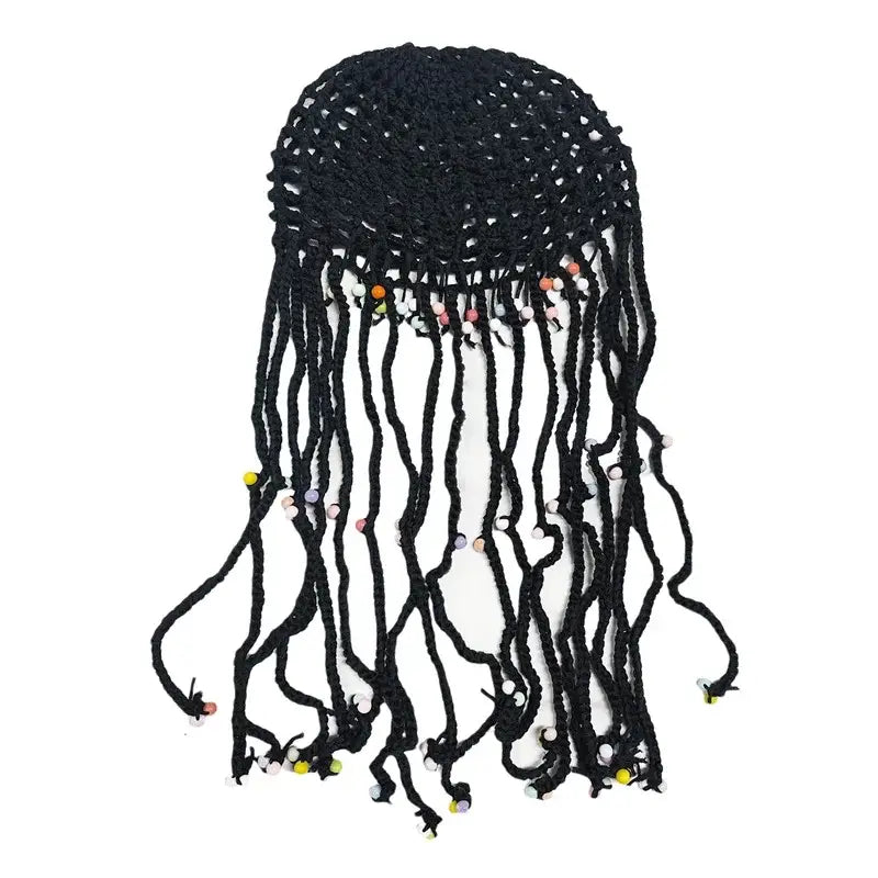 Stylish black beanie hat crochet with long braided tassels and colorful bead accents