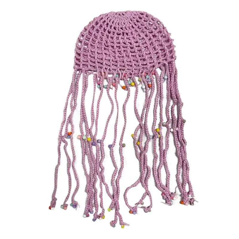 Crocheted lavender beanie hat crochet with long fringe and colorful beads