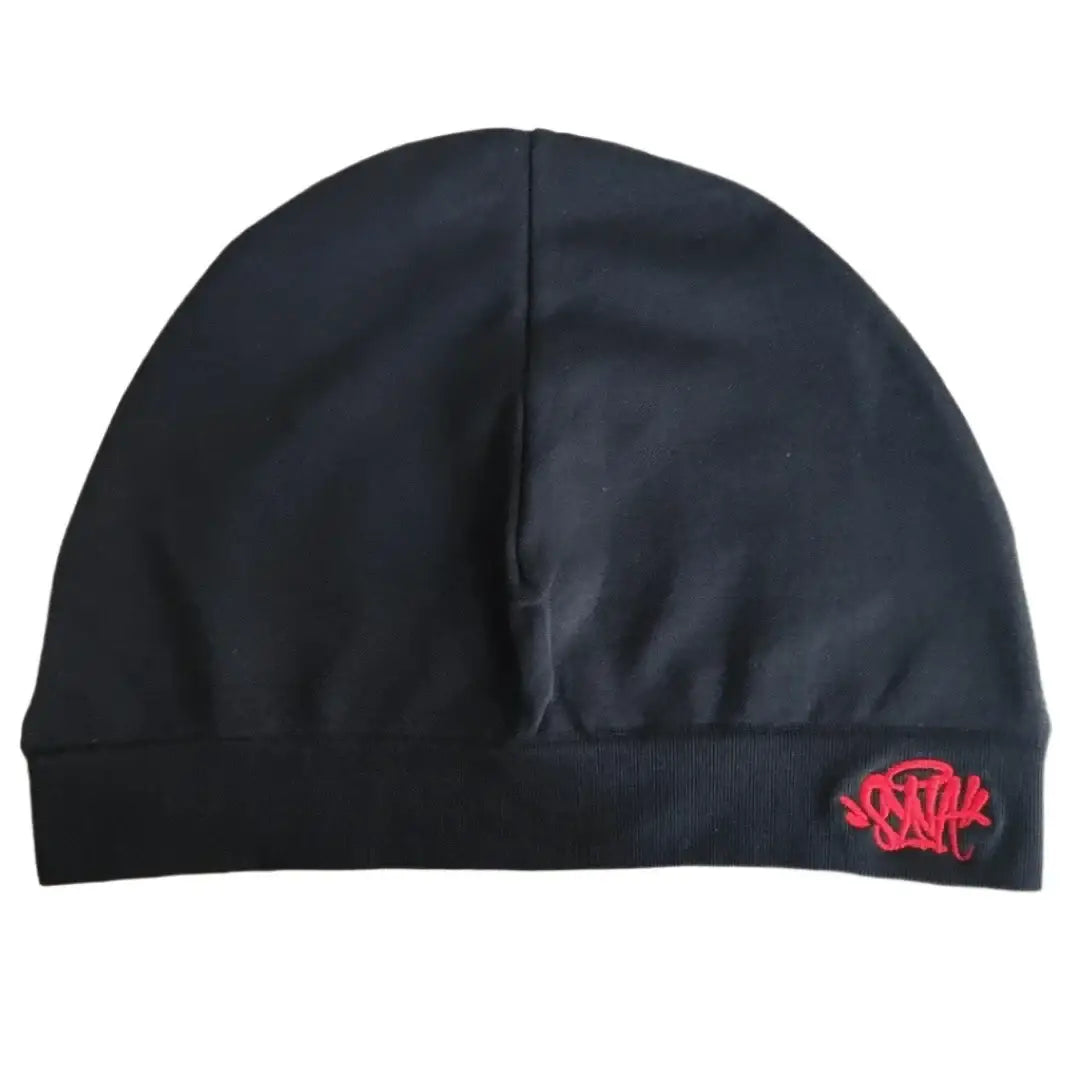 Black swimming cap with red logo ideal for Beanie Street Style fashion enthusiasts