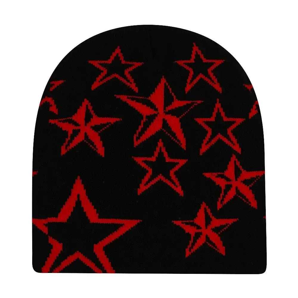 Black Y2K beanie hat with red star pattern to stay warm and stylish