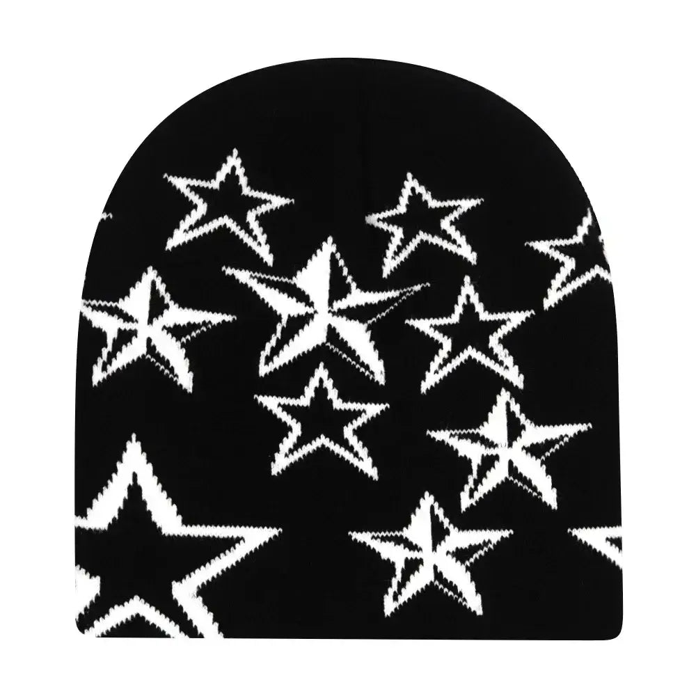 Black knit Y2K beanie with white star pattern to stay warm and stylish