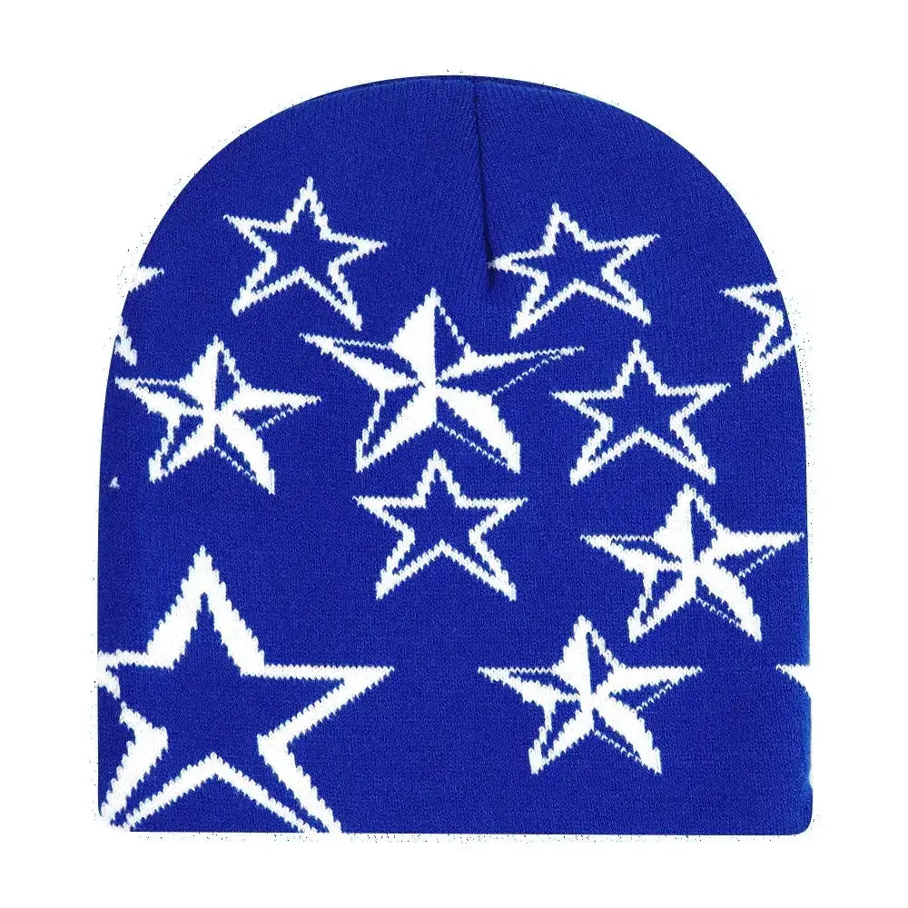 Blue Y2K beanie with white star pattern to stay warm and stylish this season