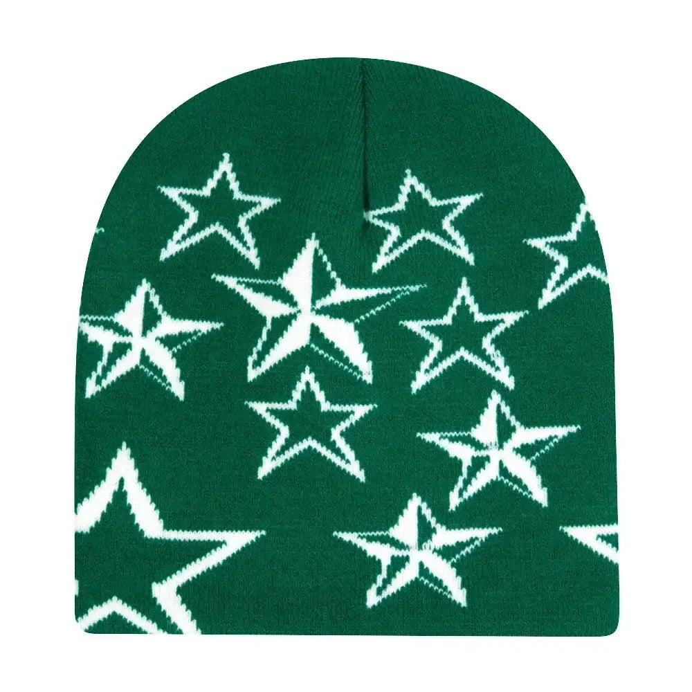 Green Y2K beanie featuring a stylish white star pattern to stay warm and trendy