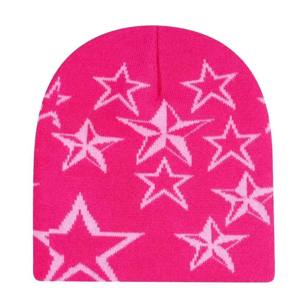 Pink Y2K beanie with white star pattern to stay warm and stylish