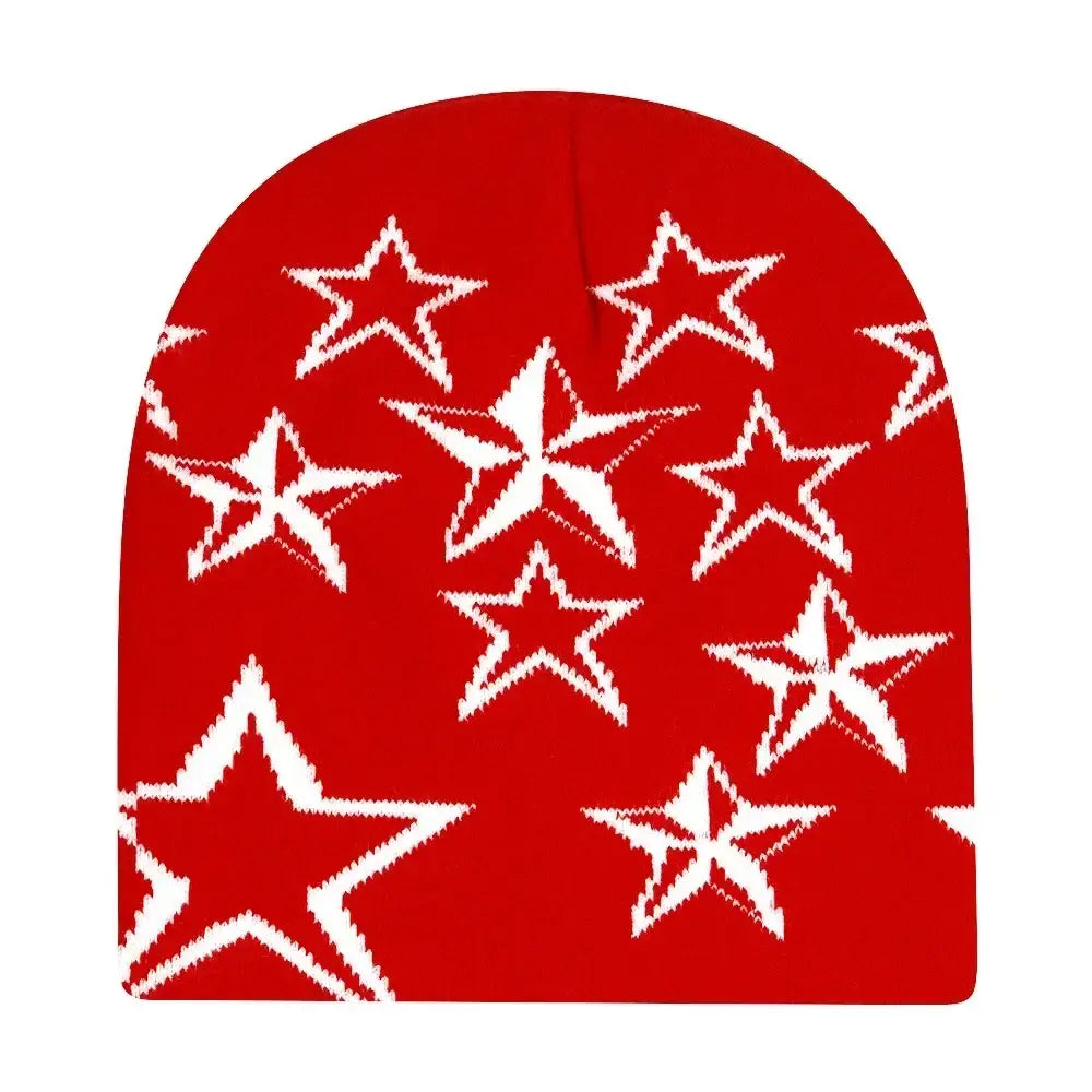 Red Y2K beanie with white star patterns to stay warm and stylish