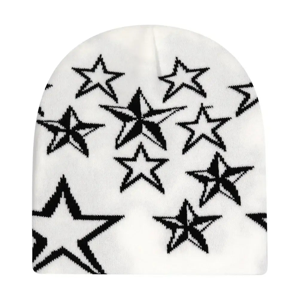 White Y2K beanie featuring black star patterns to stay warm and stylish