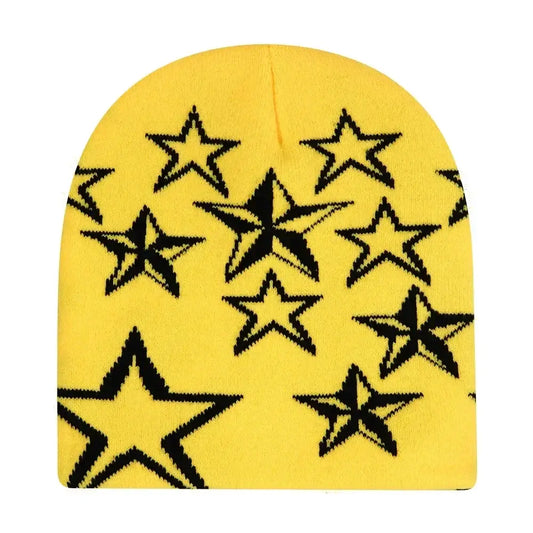 Yellow Y2K beanie hat with black star pattern to stay warm and stylish