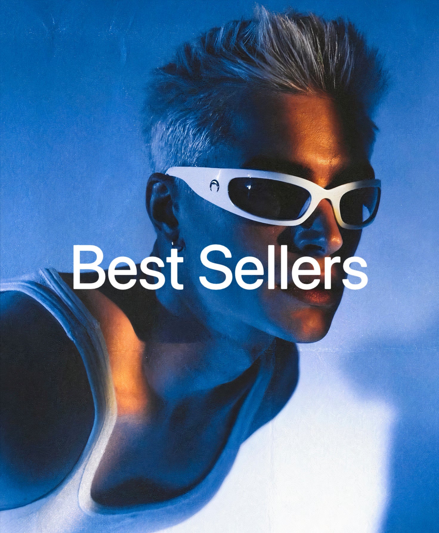 Stylish person wearing white sunglasses with the text "Best Sellers" overlaid on a blue-toned background