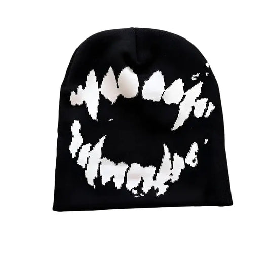 Black Beanie with White Fanged Mouth Design for Y2K Zone® Style