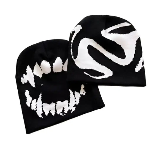 Two black knit beanies with white designs, perfect for Y2K style in the Y2K Zone