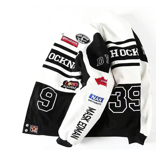 Hockey jersey featuring patches and numbers on a Black and White Racing Jacket