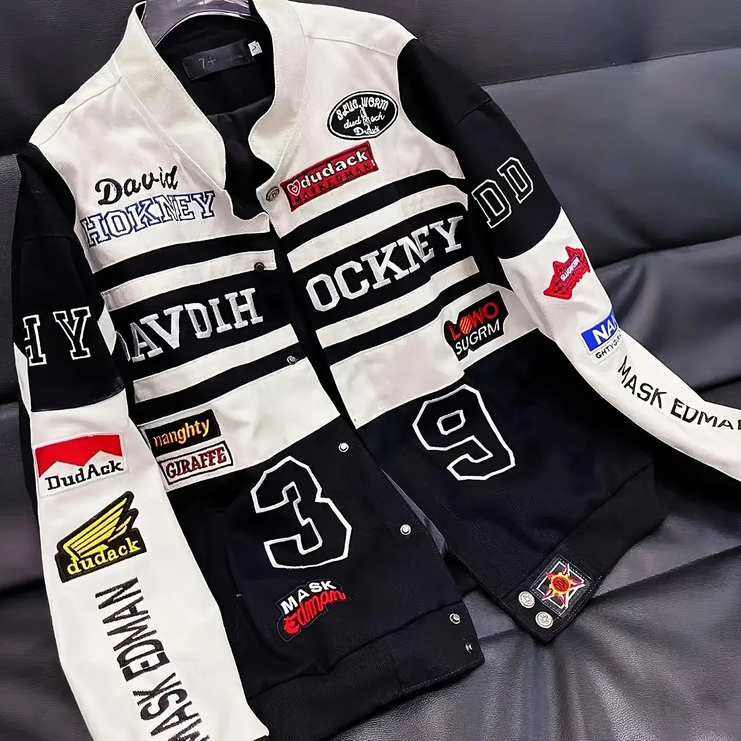 Black and White Racing Jacket with logos and patches in a sleek racing design