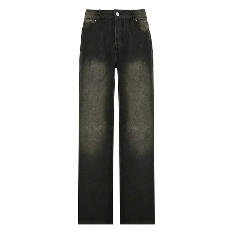 Dark-wash black baggy jeans with a faded appearance and straight-leg design