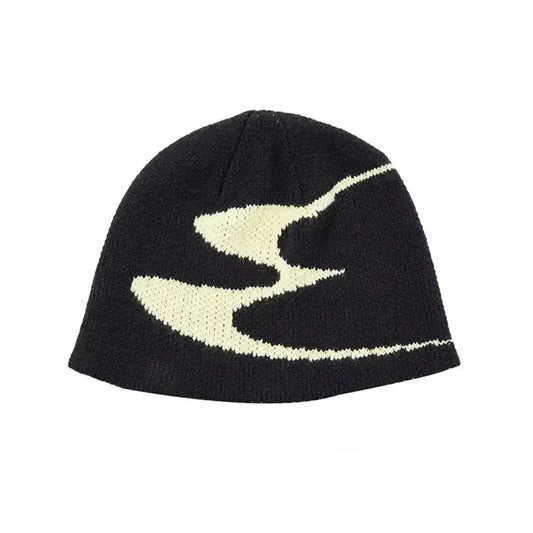 Black beanie with cream abstract design, a stylish choice for Y2K accessories