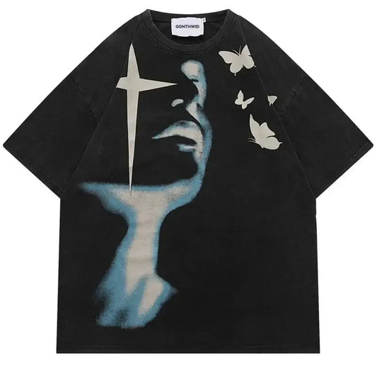 Black graphic T shirt featuring a blue-tinted face design and white butterfly motifs