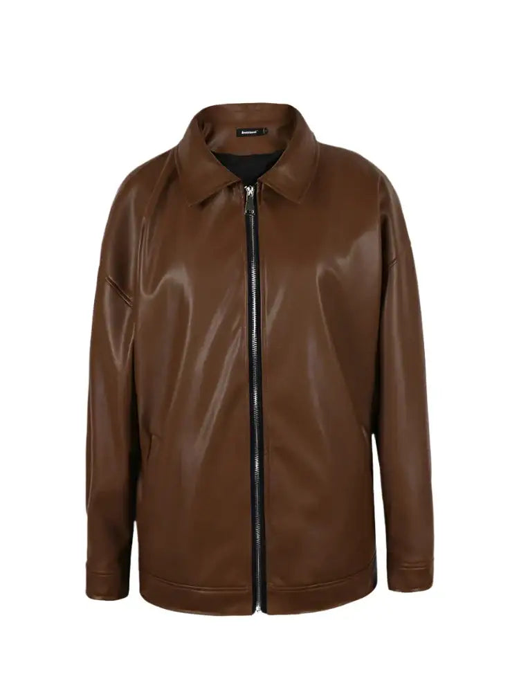 Brown leather jacket with zipper and collar, perfect for complementing a black leather jacket