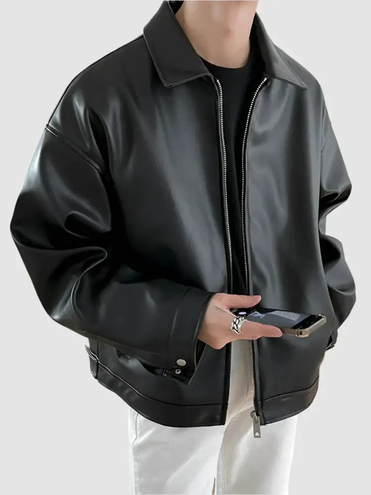 Stylish Black Leather Jacket with collar and zipper front for a fashionable look