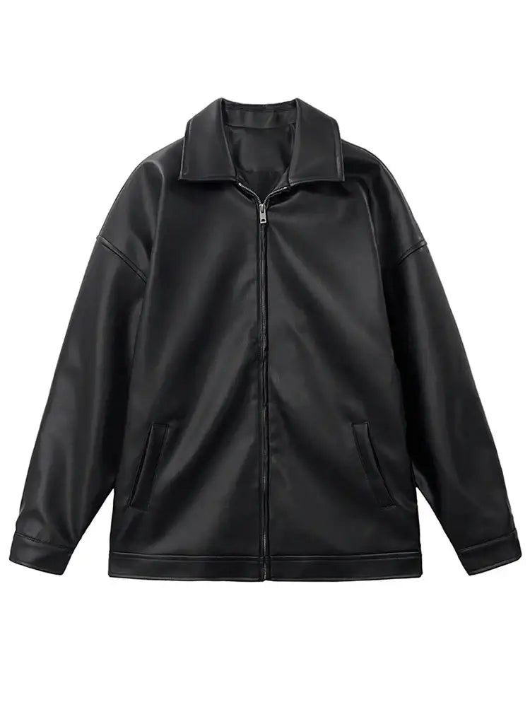 Black leather jacket featuring a zip-up design, collar, and side pockets