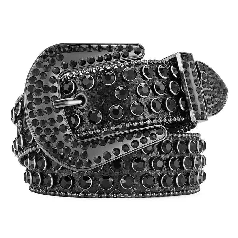 Studded black leather belt featuring an ornate buckle for a stylish black rhinestone belt