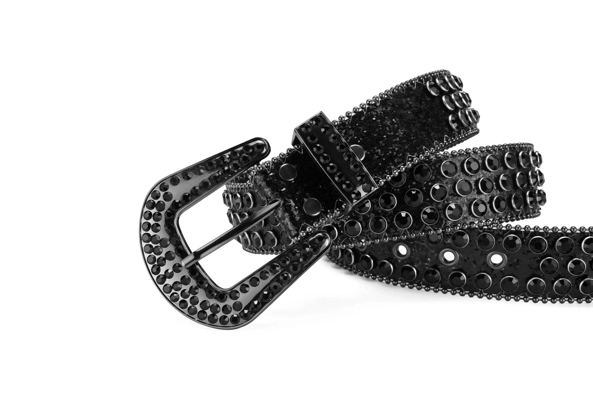 Black leather rhinestone belt with metal studs and an ornate buckle design