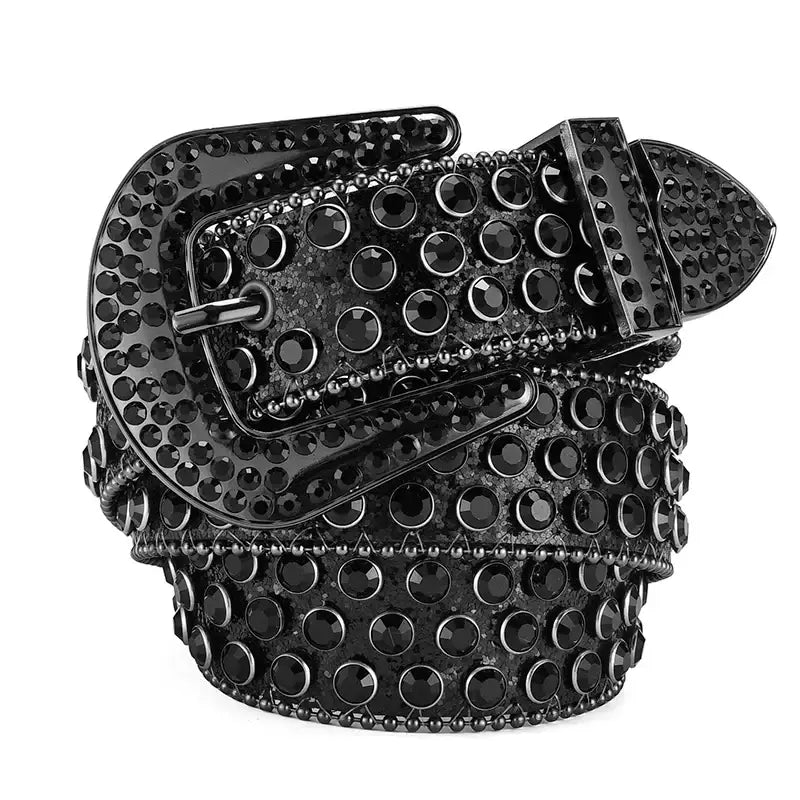 Black Rhinestone Belt featuring a leather design with metal studs and decorative buckle