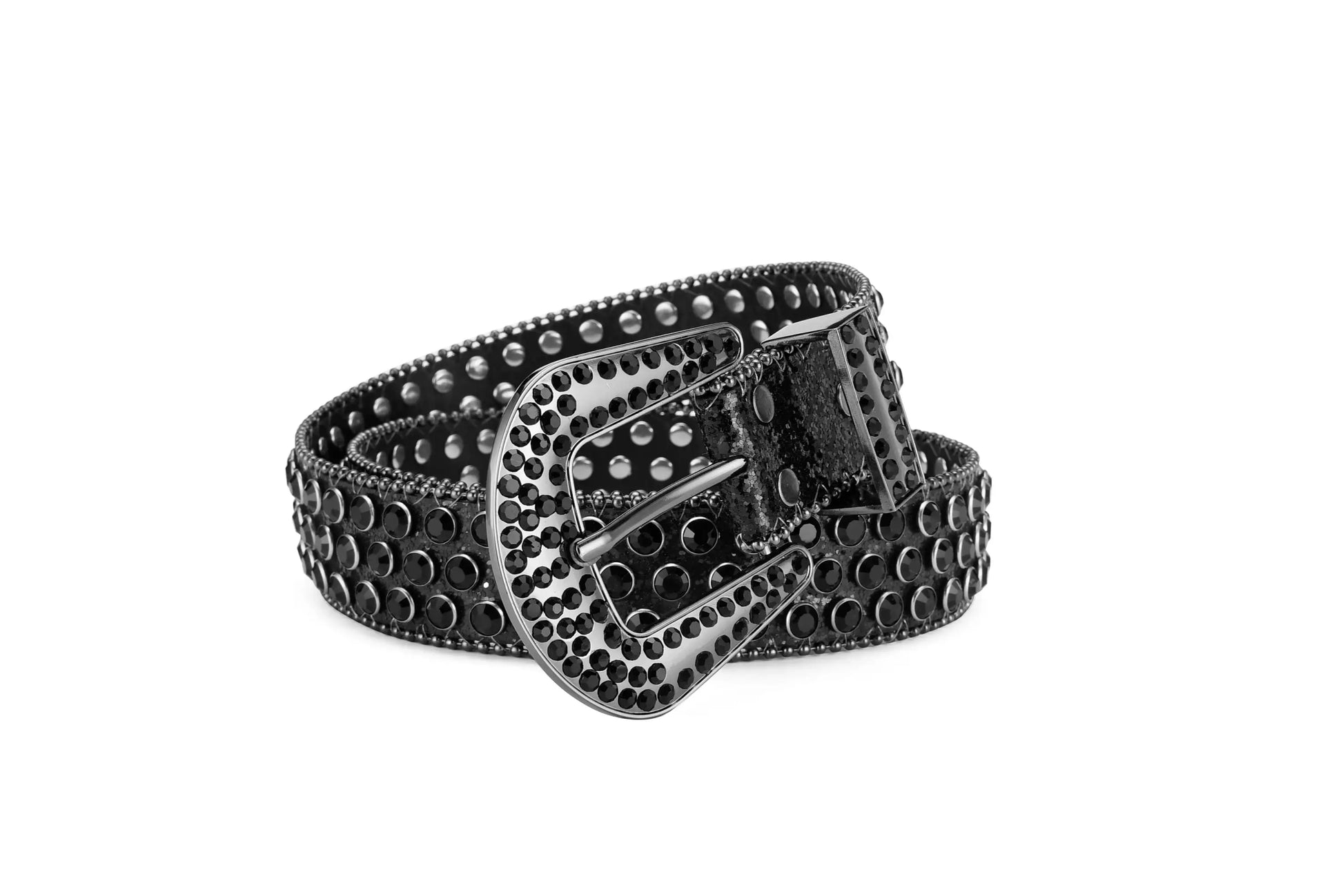 Ornate black rhinestone belt featuring a studded pattern and decorative metal buckle